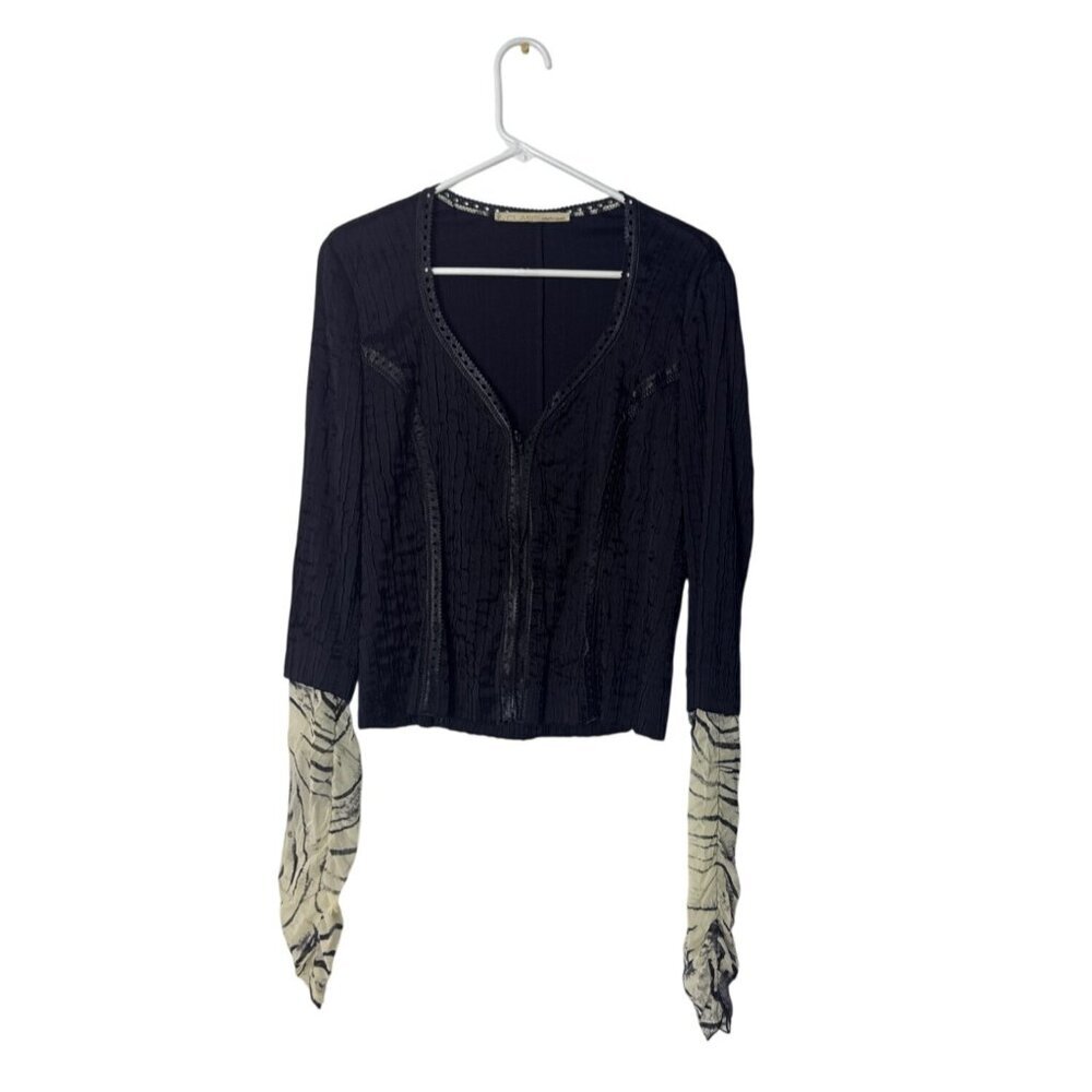 Roberto Cavalli Black Top with Cream Zebra-Print Sleeve Accents